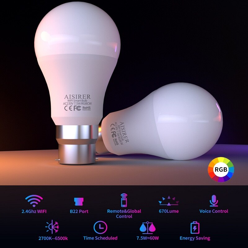 2Pcs 7.5W WiFi Smart Light Bulb B22 Dimmable RGB LED...