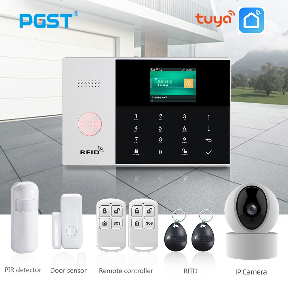 PGST PG105 TUYA GSM Alarm System with WiFi IP Camera Smoke Detector RFID Home Burglar Security Alarm Smart Home Kit