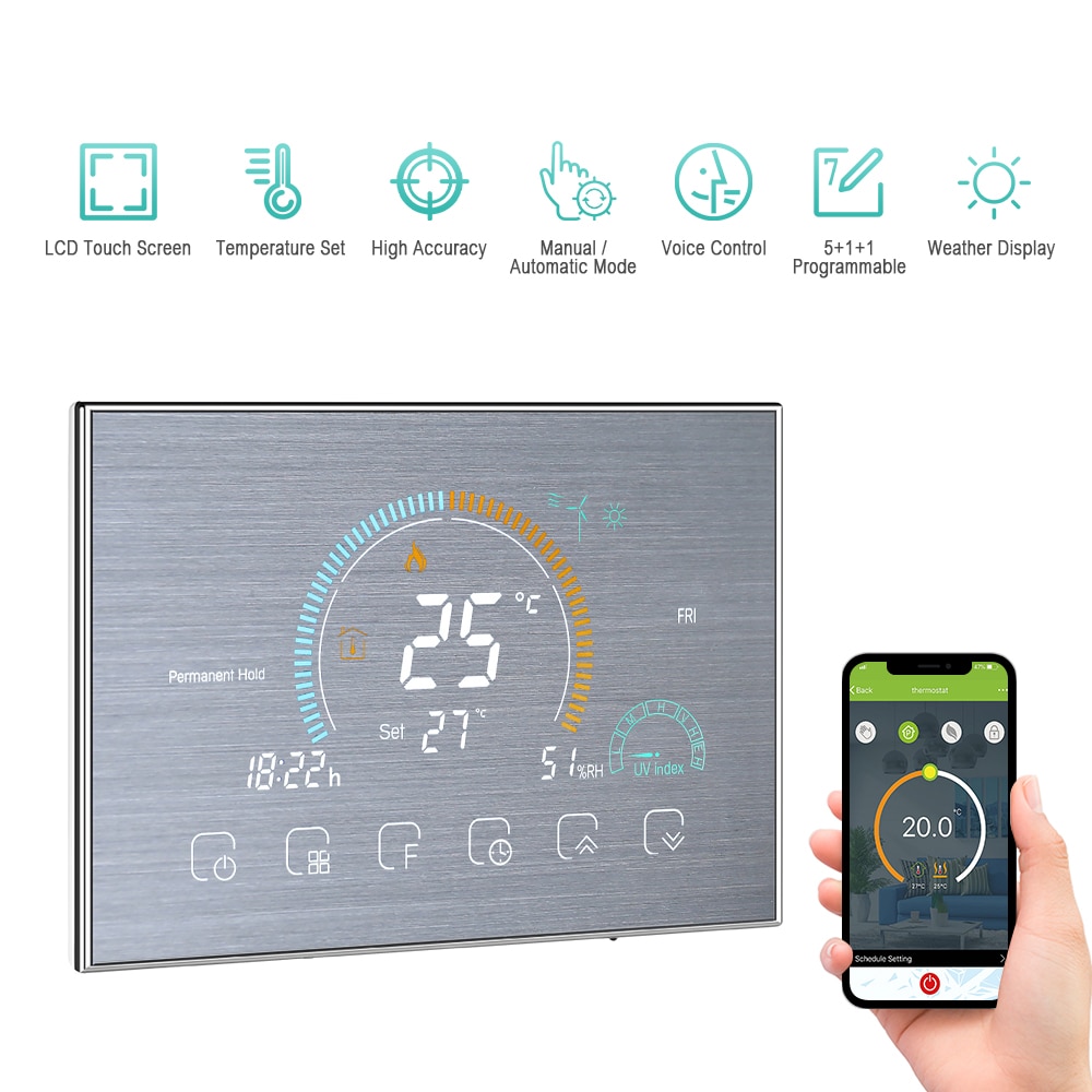 Touch Screen WiFi Smart Thermostat Aotumatic Mode Programmable Thermostat with Weather UV index humidity display temperature set